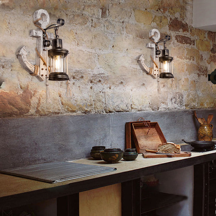 Vintage Anchor LED Wall Light - Industrial Metal &amp; Wood for Dining Room/Living Room