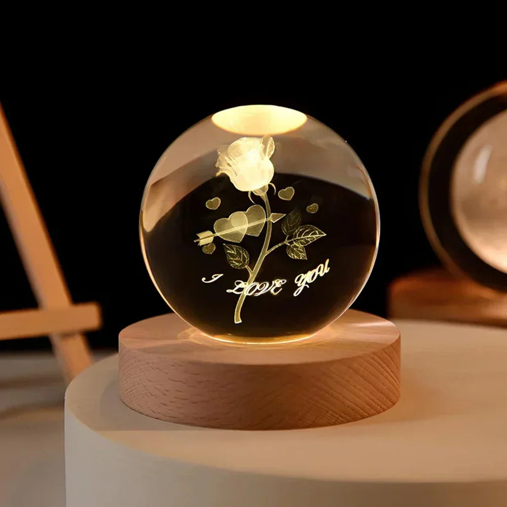 Night Light Wooden Base Crystal Ball Lamp