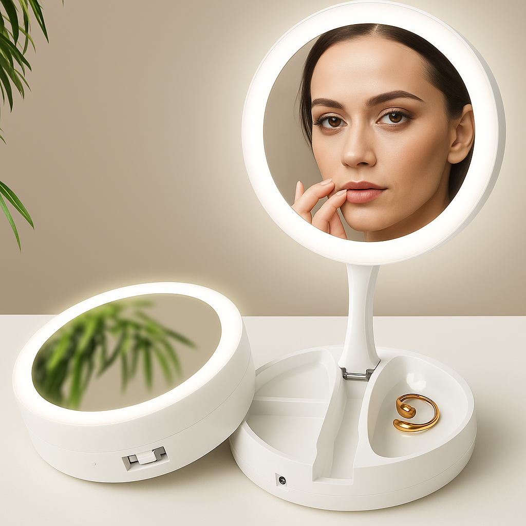 Sided Magnifying Mirror – LED Illumination – 10× Magnification – Makeup &amp; Tweezing