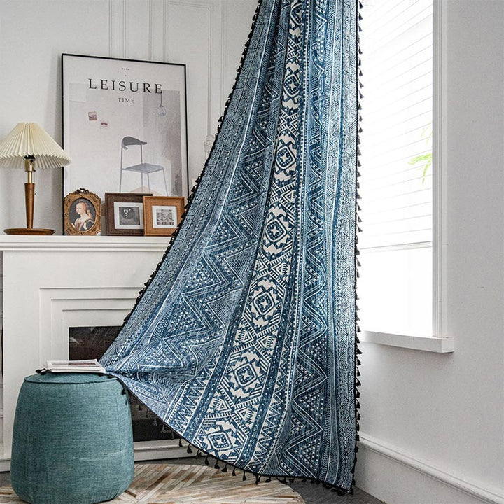 BowLift | Blue geometric pattern light-filtering curtain