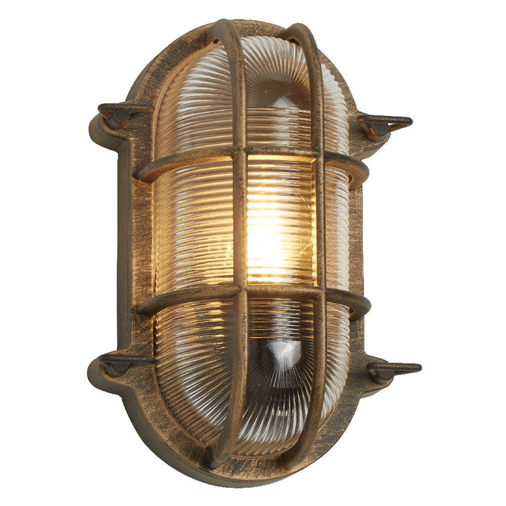 Antique Brass &amp; Ribbed Glass Outdoor Vintage Oval Surface Lights Wall Lamp 248mm