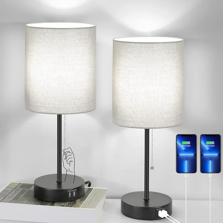 Table lamp set of 2 with USB charging ports, grey bedside lamps with AC outlet, bedside lamps with pull switch, minimalist modern desk lamps with fabric shade for living room bedroom office