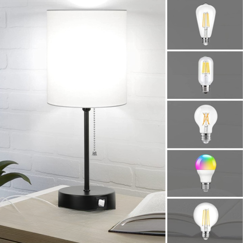 Table lamp set of 2 with USB charging ports, grey bedside lamps with AC outlet, bedside lamps with pull switch, minimalist modern desk lamps with fabric shade for living room bedroom office