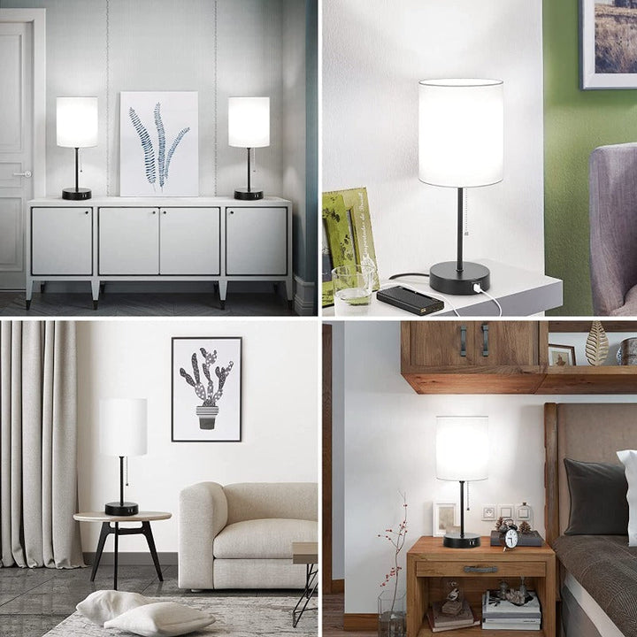 Table lamp set of 2 with USB charging ports, grey bedside lamps with AC outlet, bedside lamps with pull switch, minimalist modern desk lamps with fabric shade for living room bedroom office