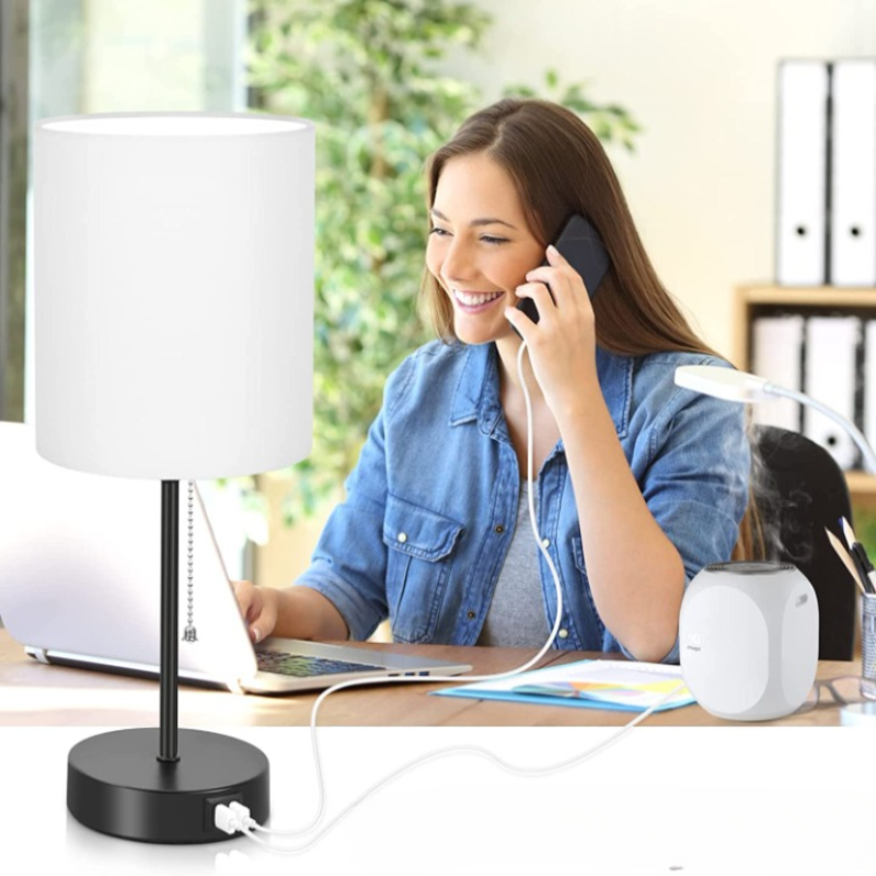 Table lamp set of 2 with USB charging ports, grey bedside lamps with AC outlet, bedside lamps with pull switch, minimalist modern desk lamps with fabric shade for living room bedroom office