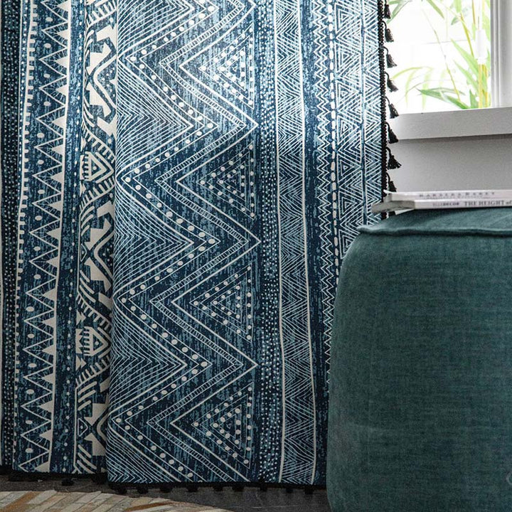 BowLift | Blue geometric pattern light-filtering curtain
