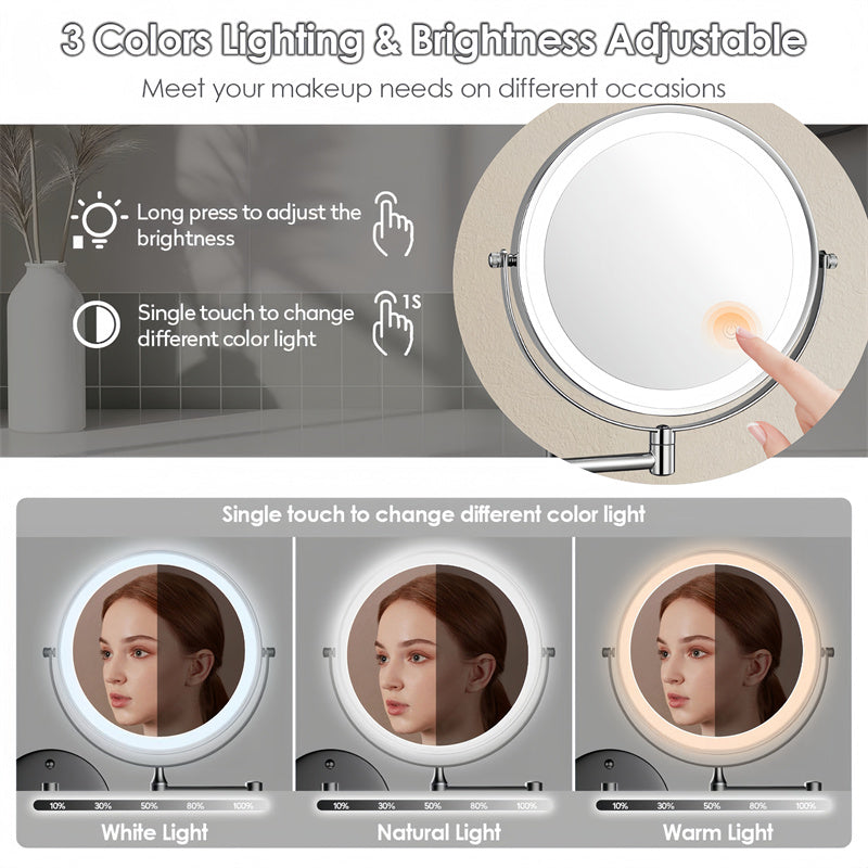 Rechargeable wall-mounted shaving mirror | 360° rotation. 1X/10X magnification and adjustable LED lighting for use in the bathroom