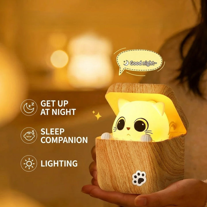 Cute Peekaboo Cat Wooden Night Light Lamp |