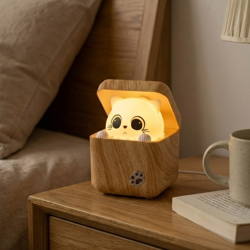 Cute Peekaboo Cat Wooden Night Light Lamp |