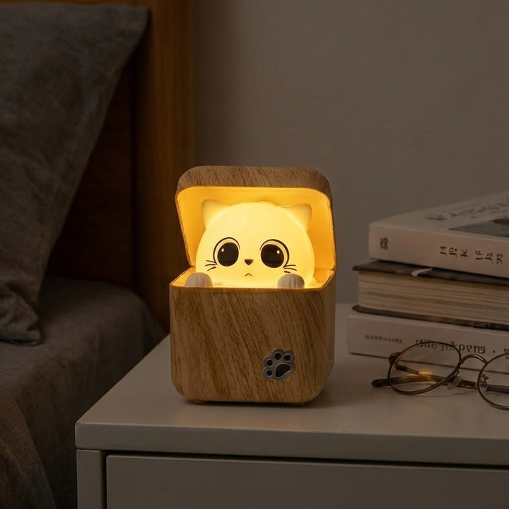 Cute Peekaboo Cat Wooden Night Light Lamp |
