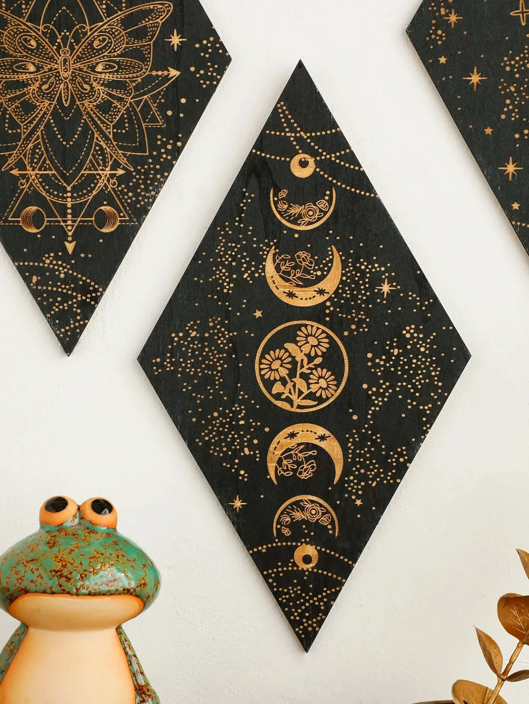 BowLift | Black Moon Phases Wooden Wall Decoration Rhombus Wall Art Boho Home Decor Witch Tapestry Decoration Room Decor Aesthetic Gift