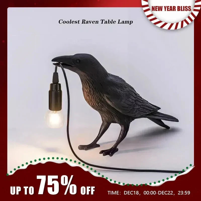 E14-Bulb with Plug Gothic Raven Lamp Vintage Resin Bird Lamp for Nightstand, Office, Living Room Farmhouse Art Deco Style