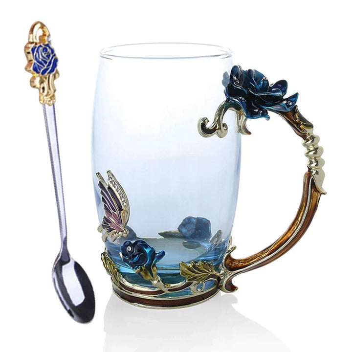 BowLift | Handcrafted Enamel Coffee Mugs Rose-Glass Tea Cup with Steel Spoon Luxury Unique Gifts for Wedding Valentine&