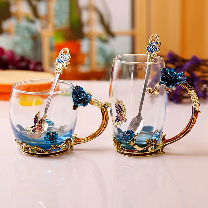 BowLift | Handcrafted Enamel Coffee Mugs Rose-Glass Tea Cup with Steel Spoon Luxury Unique Gifts for Wedding Valentine&