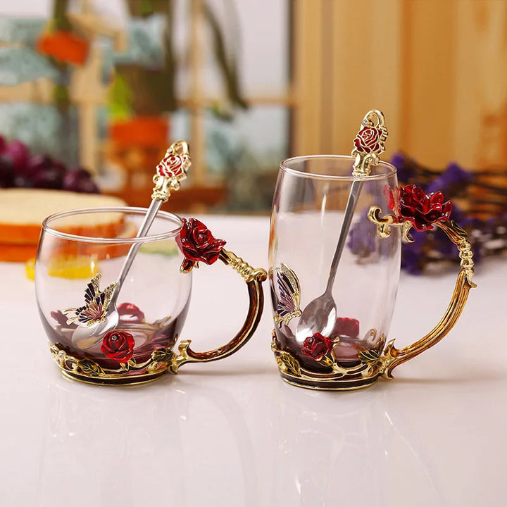 BowLift | Handcrafted Enamel Coffee Mugs Rose-Glass Tea Cup with Steel Spoon Luxury Unique Gifts for Wedding Valentine&