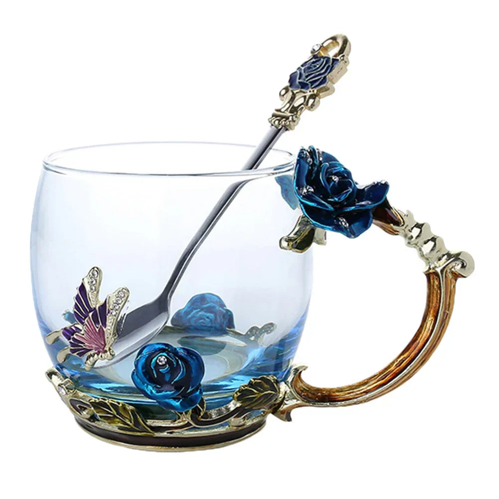 BowLift | Handcrafted Enamel Coffee Mugs Rose-Glass Tea Cup with Steel Spoon Luxury Unique Gifts for Wedding Valentine&