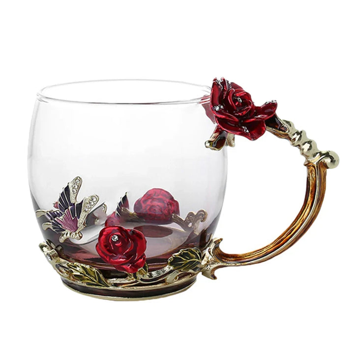 BowLift | Handcrafted Enamel Coffee Mugs Rose-Glass Tea Cup with Steel Spoon Luxury Unique Gifts for Wedding Valentine&