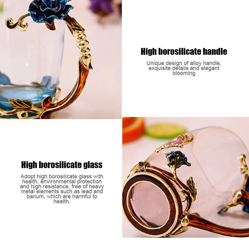 BowLift | Handcrafted Enamel Coffee Mugs Rose-Glass Tea Cup with Steel Spoon Luxury Unique Gifts for Wedding Valentine&