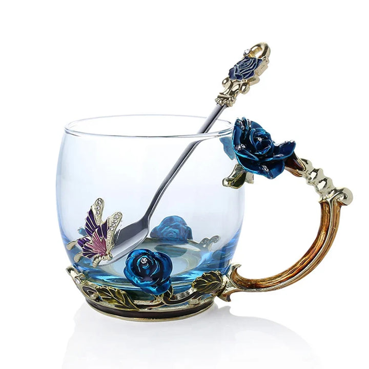 BowLift | Handcrafted Enamel Coffee Mugs Rose-Glass Tea Cup with Steel Spoon Luxury Unique Gifts for Wedding Valentine&