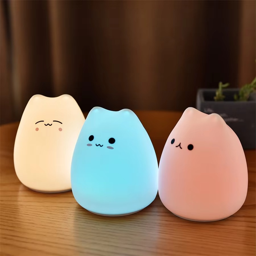 Charming Cat Silicone Night Light with 7-colour Touch Sensor