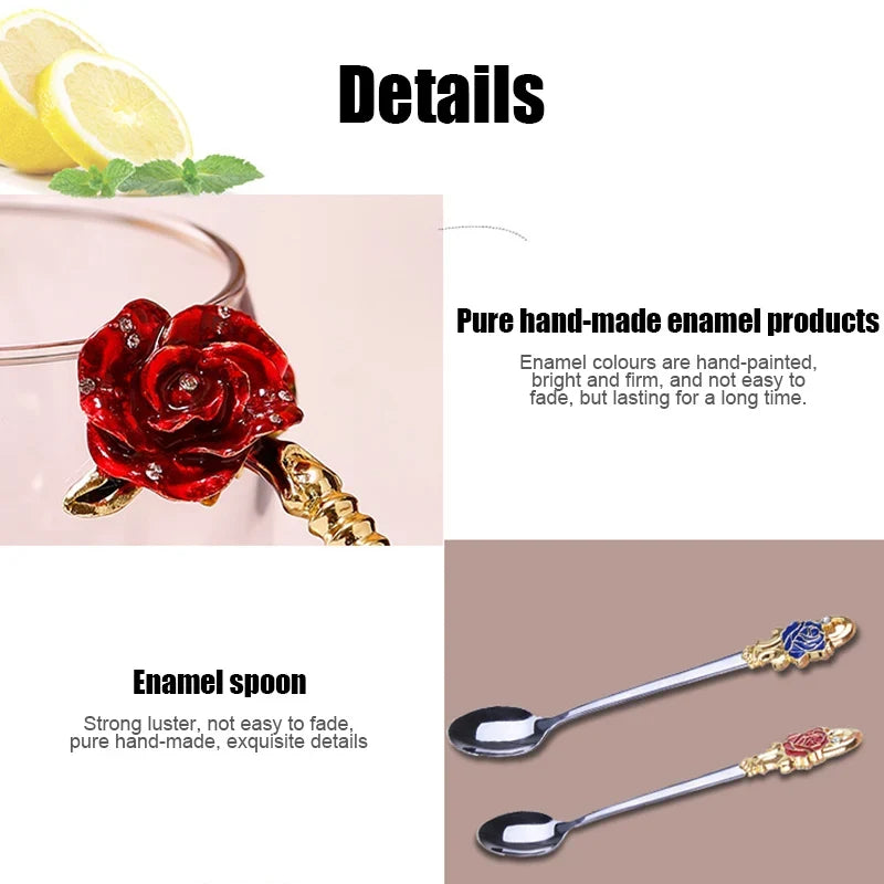BowLift | Handcrafted Enamel Coffee Mugs Rose-Glass Tea Cup with Steel Spoon Luxury Unique Gifts for Wedding Valentine&