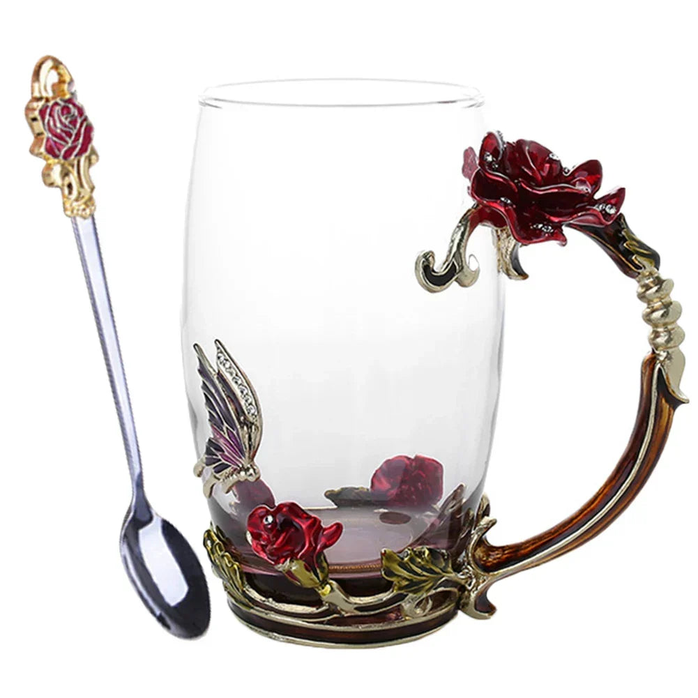 BowLift | Handcrafted Enamel Coffee Mugs Rose-Glass Tea Cup with Steel Spoon Luxury Unique Gifts for Wedding Valentine&