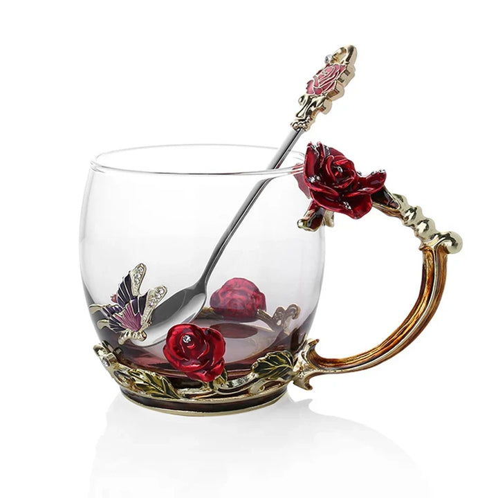 BowLift | Handcrafted Enamel Coffee Mugs Rose-Glass Tea Cup with Steel Spoon Luxury Unique Gifts for Wedding Valentine&
