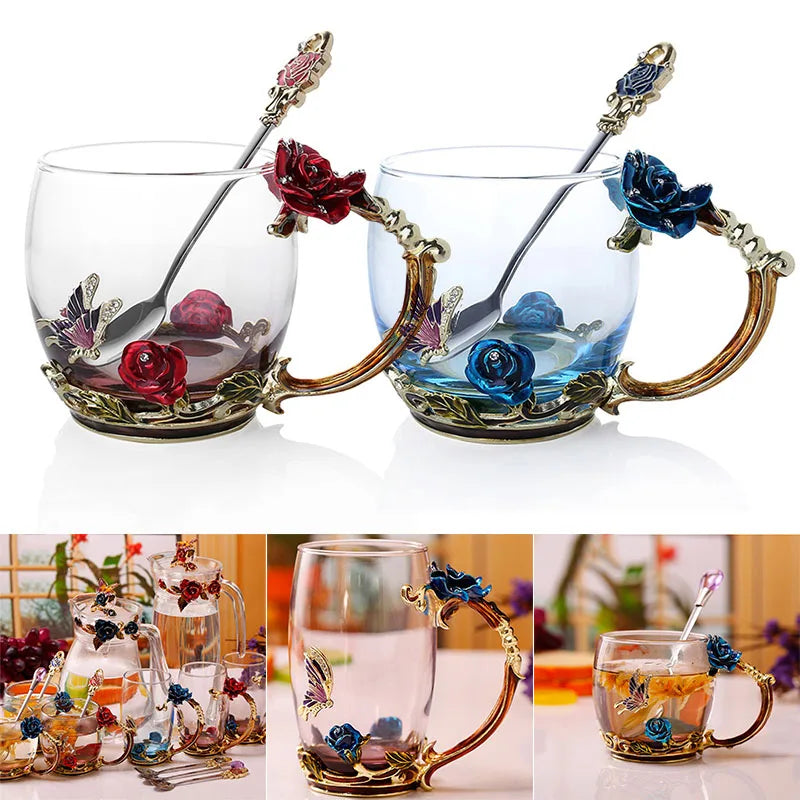 BowLift | Handcrafted Enamel Coffee Mugs Rose-Glass Tea Cup with Steel Spoon Luxury Unique Gifts for Wedding Valentine&
