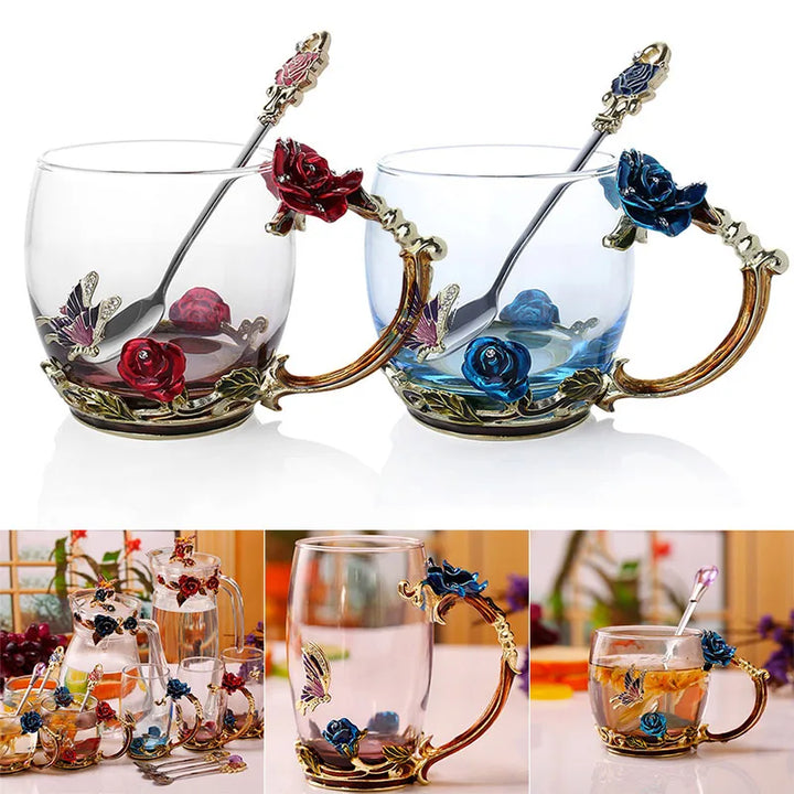 BowLift | Handcrafted Enamel Coffee Mugs Rose-Glass Tea Cup with Steel Spoon Luxury Unique Gifts for Wedding Valentine&