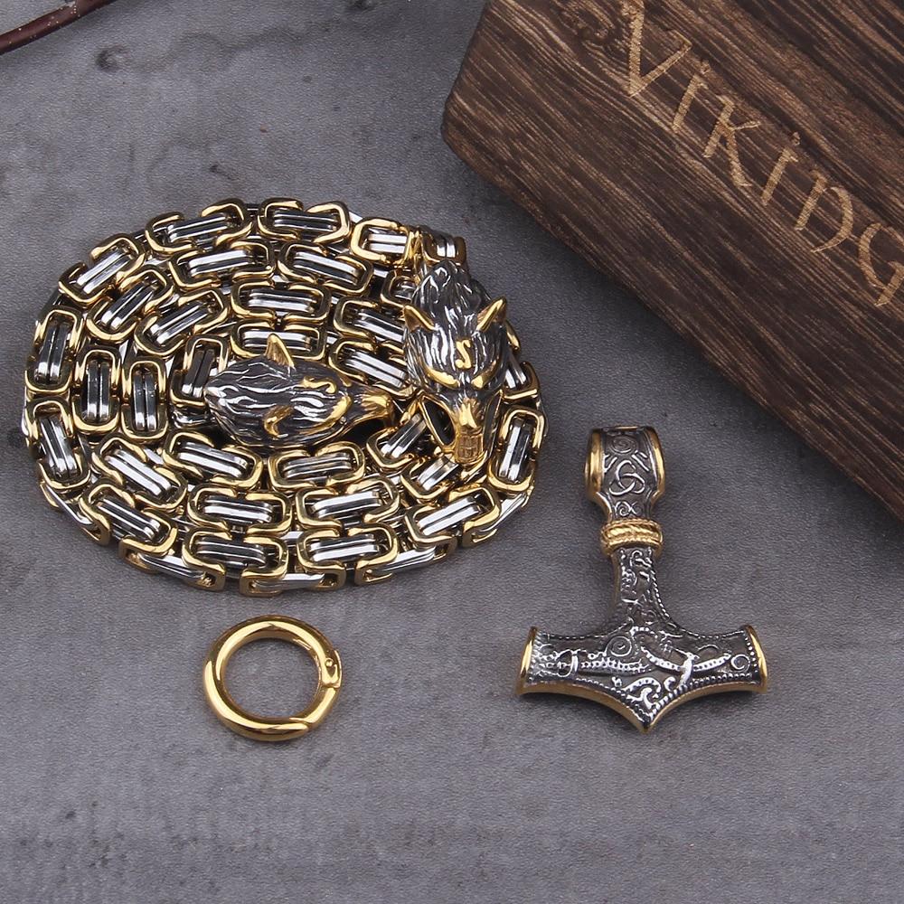 BowLift | 60–90 cm Stainless Steel Double Wolf Head &amp; Mjolnir Survival Spirit Necklace/Bracelet