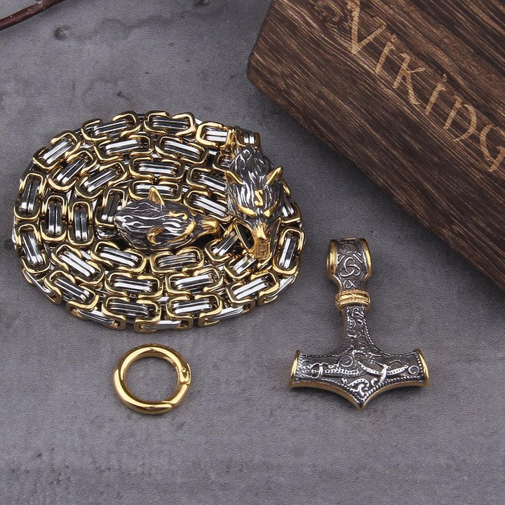 BowLift | 60–90 cm Stainless Steel Double Wolf Head &amp; Mjolnir Survival Spirit Necklace/Bracelet