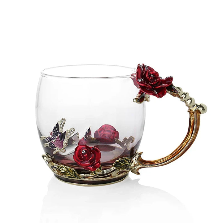 BowLift | Handcrafted Enamel Coffee Mugs Rose-Glass Tea Cup with Steel Spoon Luxury Unique Gifts for Wedding Valentine&