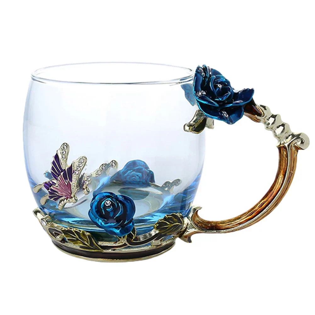 BowLift | Handcrafted Enamel Coffee Mugs Rose-Glass Tea Cup with Steel Spoon Luxury Unique Gifts for Wedding Valentine&