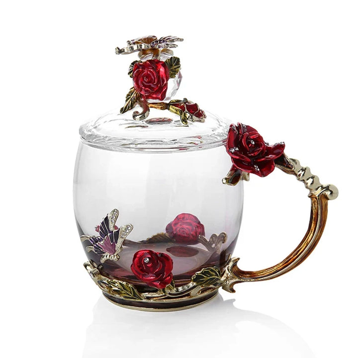 BowLift | Handcrafted Enamel Coffee Mugs Rose-Glass Tea Cup with Steel Spoon Luxury Unique Gifts for Wedding Valentine&