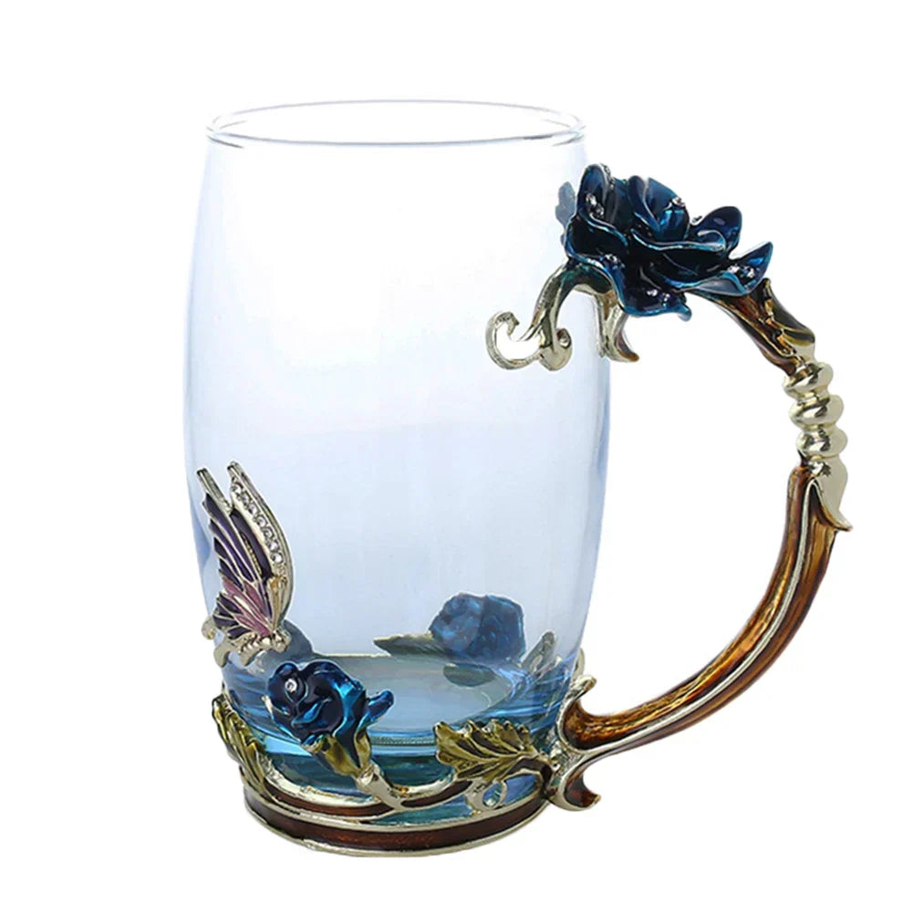 BowLift | Handcrafted Enamel Coffee Mugs Rose-Glass Tea Cup with Steel Spoon Luxury Unique Gifts for Wedding Valentine&