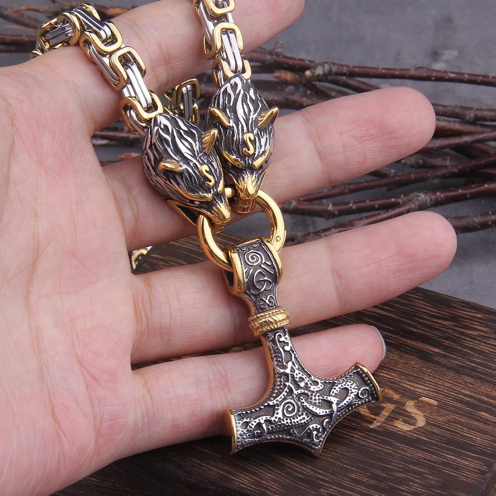 BowLift | 60–90 cm Stainless Steel Double Wolf Head &amp; Mjolnir Survival Spirit Necklace/Bracelet