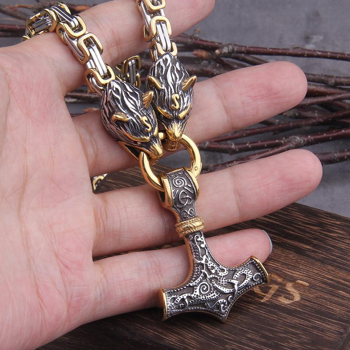 BowLift | 60–90 cm Stainless Steel Double Wolf Head &amp; Mjolnir Survival Spirit Necklace/Bracelet
