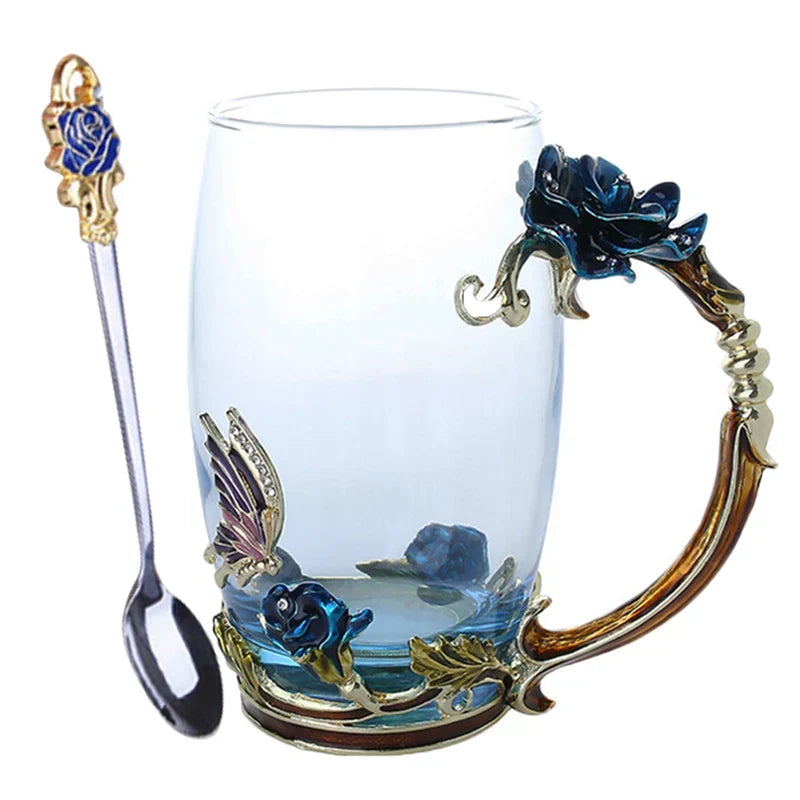 BowLift | Handcrafted Enamel Coffee Mugs Rose-Glass Tea Cup with Steel Spoon Luxury Unique Gifts for Wedding Valentine&