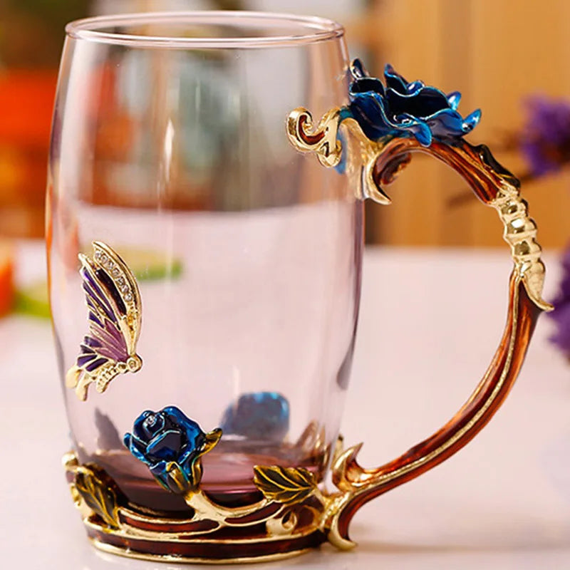 BowLift | Handcrafted Enamel Coffee Mugs Rose-Glass Tea Cup with Steel Spoon Luxury Unique Gifts for Wedding Valentine&