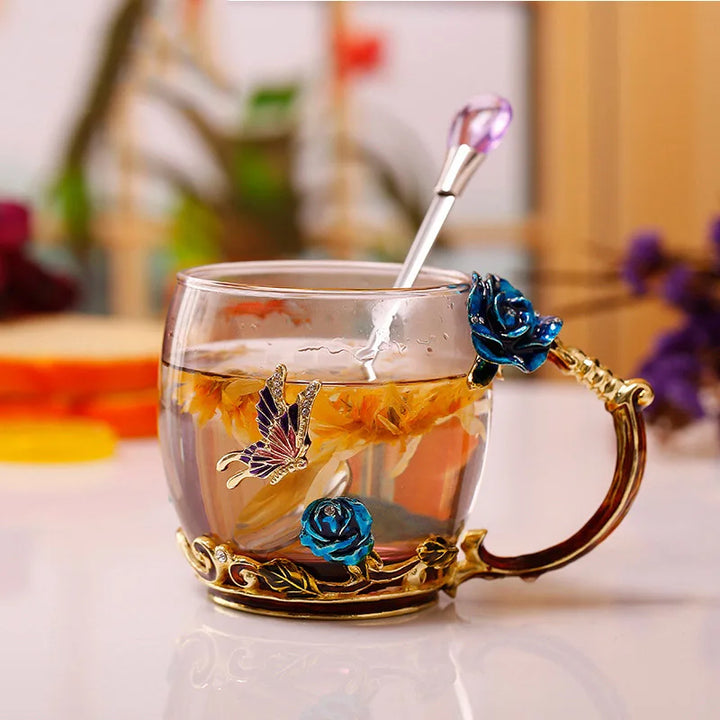 BowLift | Handcrafted Enamel Coffee Mugs Rose-Glass Tea Cup with Steel Spoon Luxury Unique Gifts for Wedding Valentine&