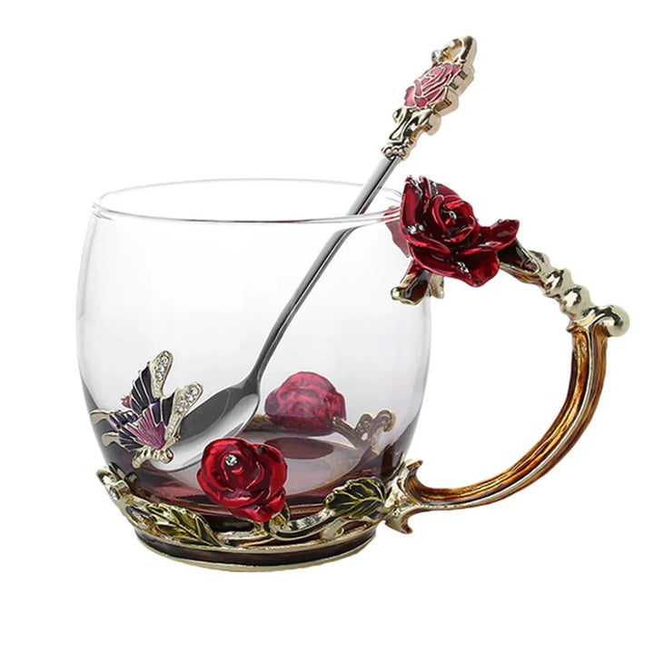 BowLift | Handcrafted Enamel Coffee Mugs Rose-Glass Tea Cup with Steel Spoon Luxury Unique Gifts for Wedding Valentine&