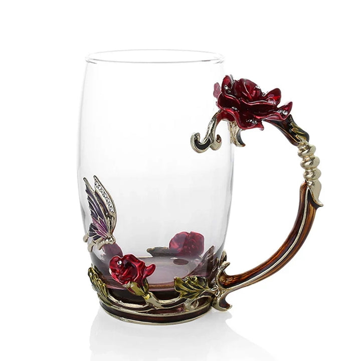 BowLift | Handcrafted Enamel Coffee Mugs Rose-Glass Tea Cup with Steel Spoon Luxury Unique Gifts for Wedding Valentine&