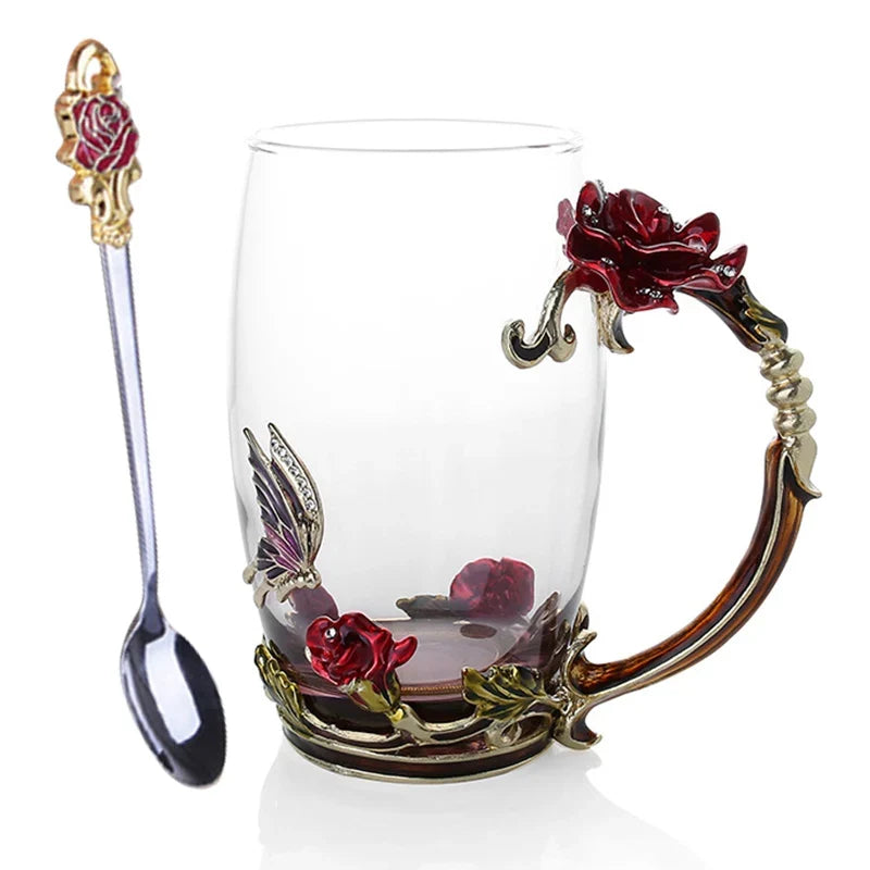 BowLift | Handcrafted Enamel Coffee Mugs Rose-Glass Tea Cup with Steel Spoon Luxury Unique Gifts for Wedding Valentine&