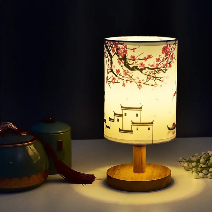 Dimmable LED bedside lamp with fabric shade in plum blossom – Perfect bedroom night lamp