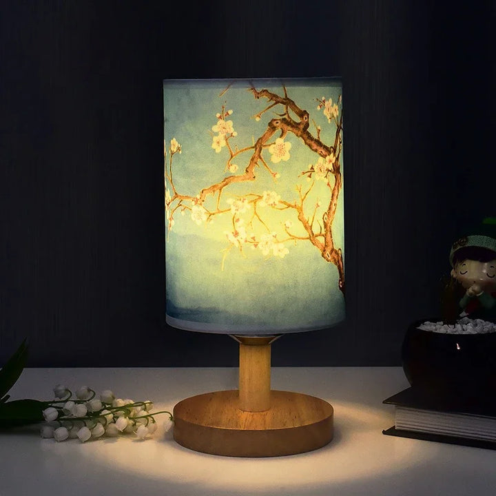 Dimmable LED bedside lamp with fabric shade in plum blossom – Perfect bedroom night lamp