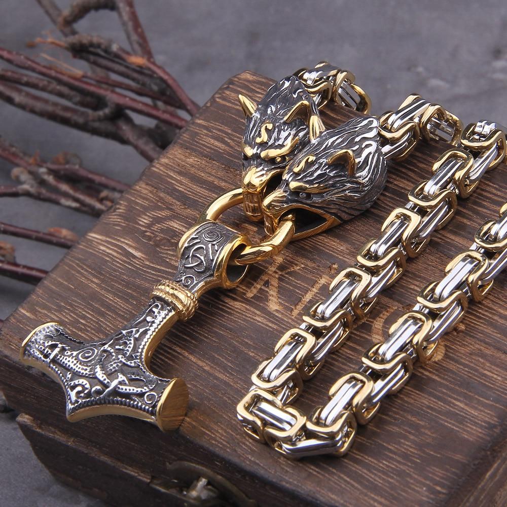 BowLift | 60–90 cm Stainless Steel Double Wolf Head &amp; Mjolnir Survival Spirit Necklace/Bracelet
