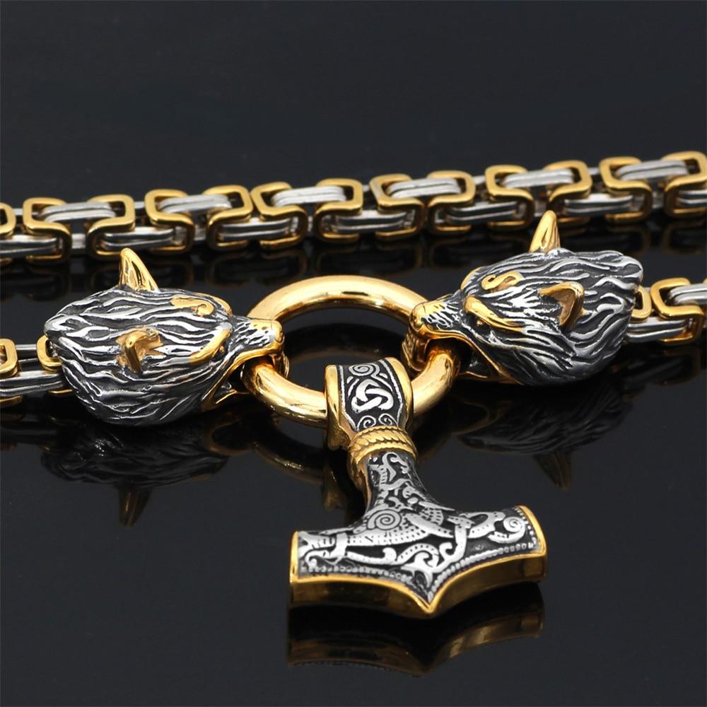 BowLift | 60–90 cm Stainless Steel Double Wolf Head &amp; Mjolnir Survival Spirit Necklace/Bracelet