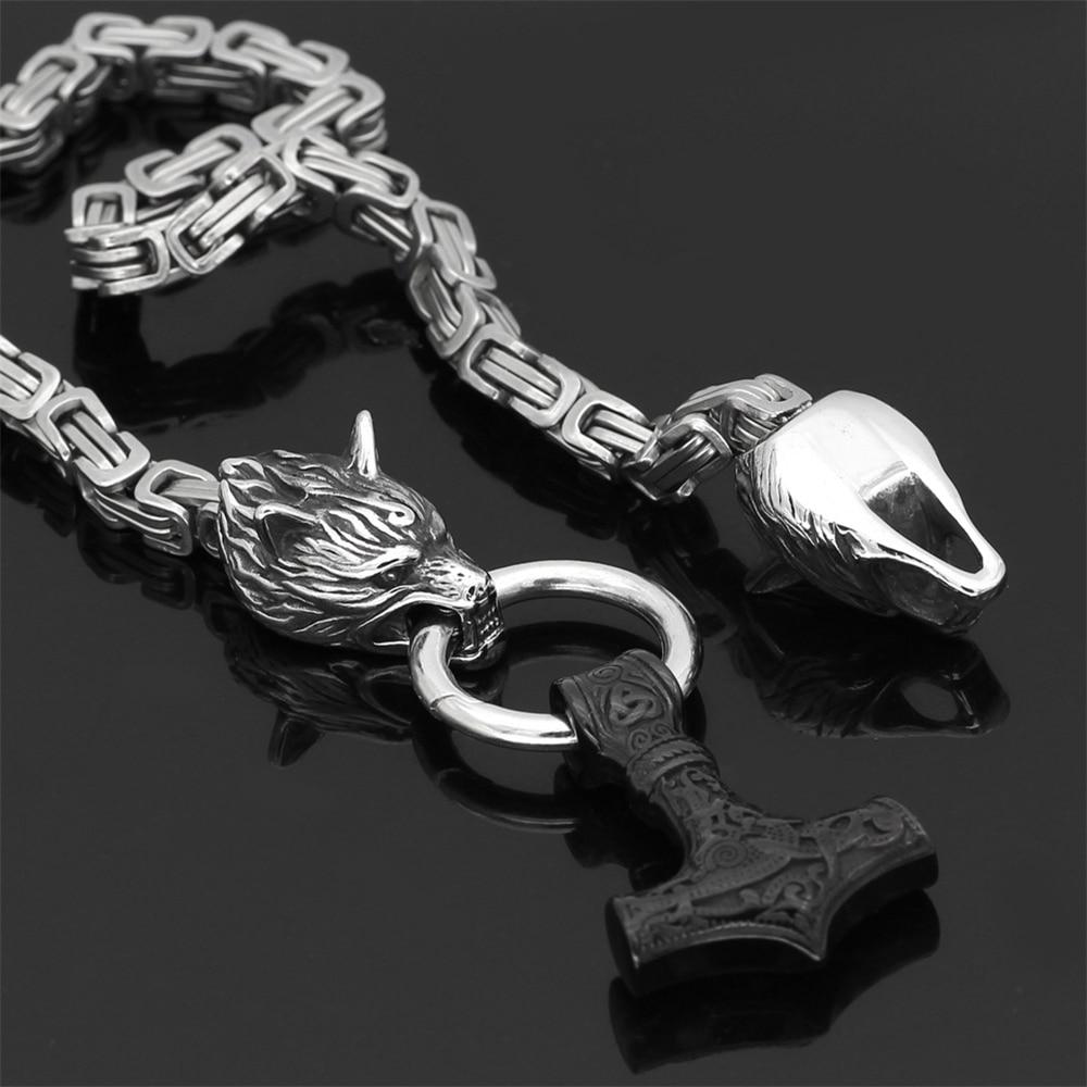 BowLift | 60–90 cm Stainless Steel Double Wolf Head &amp; Mjolnir Survival Spirit Necklace/Bracelet