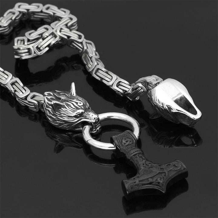 BowLift | 60–90 cm Stainless Steel Double Wolf Head &amp; Mjolnir Survival Spirit Necklace/Bracelet