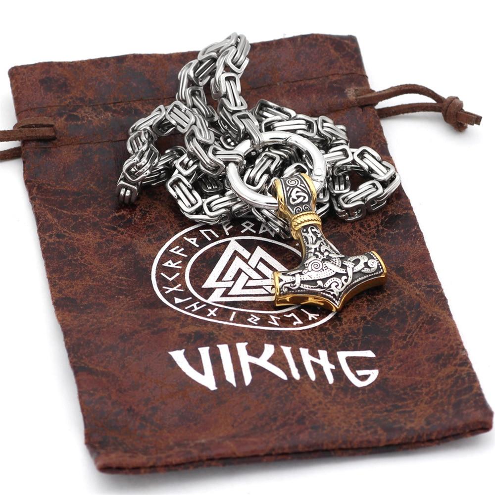 BowLift | 60–90 cm Stainless Steel Double Wolf Head &amp; Mjolnir Survival Spirit Necklace/Bracelet